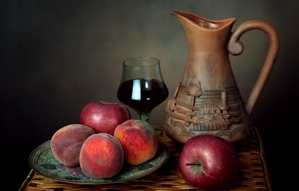Summer, apples, pitcher, still life, peaches, vine, Cabernet