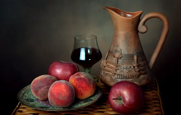 Picture summer, apples, pitcher, still life, peaches, vine, Cabernet