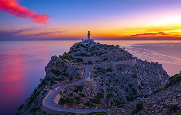 Sunset, Sea, Road, Lighthouse, Horizon, Beauty, Spain, Sunset