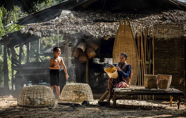 Man, child, asian, villager