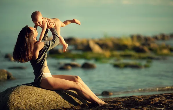 Sand, nature, stones, shore, woman, baby, mom, child