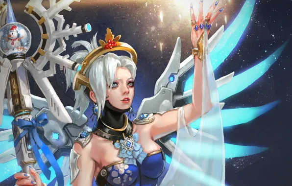 Winter, girl, holiday, new year, Christmas, angel, Dr., staff
