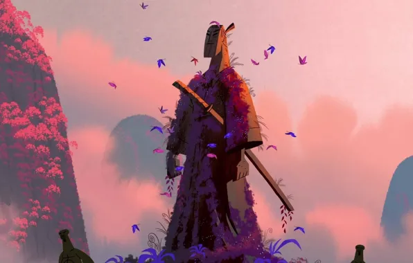 Butterfly, mountains, katana, statue, Samurai Jack, pink sky