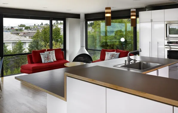 Design, style, interior, kitchen, fireplace, Seattle, Washington, living room
