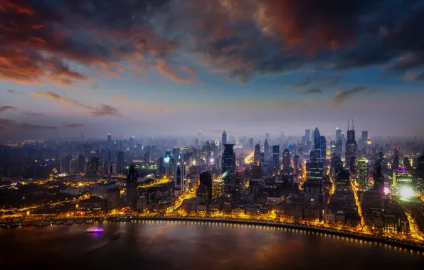 City, lights, China, Shanghai, twilight, sky, sea, sunset