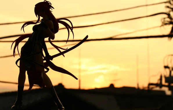 Road, girl, sunset, sword, katana, silhouette, hill, ribbons
