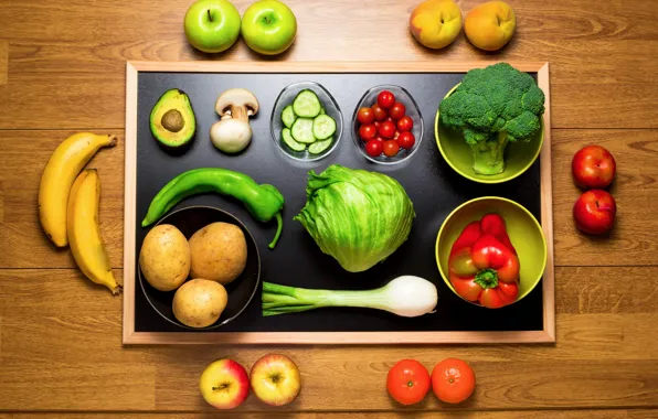 Mushrooms, apple, Apple, cucumber, pepper, banana, vegetables, tomato