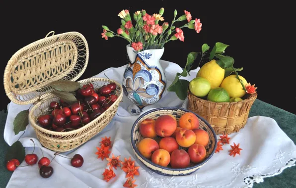 Flowers, vase, fruit, still life