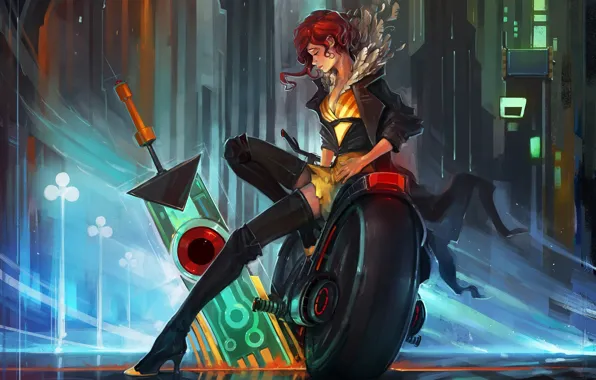 Sadness, girl, the city, weapons, motorcycle, red, art, transistor