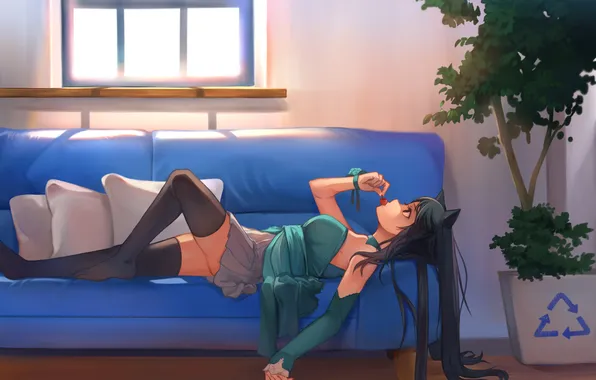 Girl, sofa, stockings, anime, art, cherry, ears, kamisakai