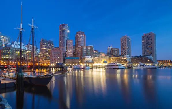 Yachts, night city, skyscrapers, Boston, Boston, Massachusetts, Massachusetts, Boston Harbor