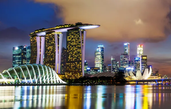Picture night, bridge, lights, skyscrapers, Singapore, promenade, Marina Bay Sands, Helix Bridge