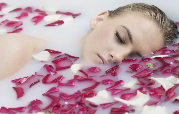 Girl, petals, milk, bath