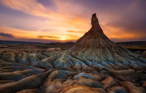 Sunset, rock, Spain, Navarre, Natural Park of Bardenas Reales, The Bardenas Castildetierra