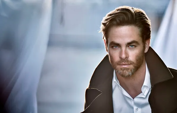 Close-up, background, portrait, advertising, actor, shirt, coat, Chris Pine