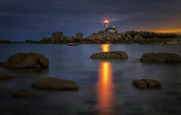 Sea, light, landscape, night, stones, shore, boat, France