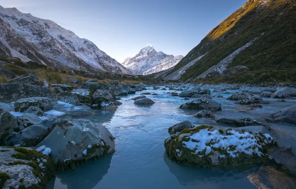 The sky, mountains, river, stones, New Zealand