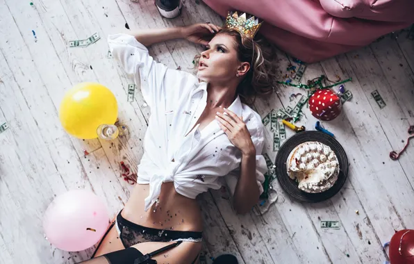 Girl, balls, pose, holiday, panties, crown, cake, blouse