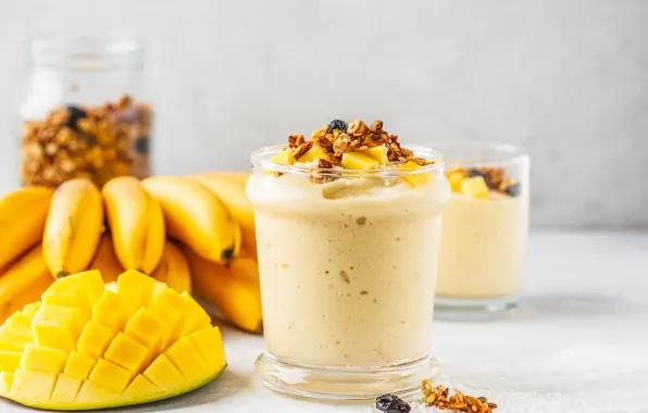 Picture Breakfast, bananas, mango, nuts, Smoothie