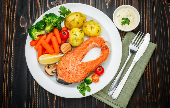 Greens, table, fish, plate, knife, plug, vegetables, tomatoes