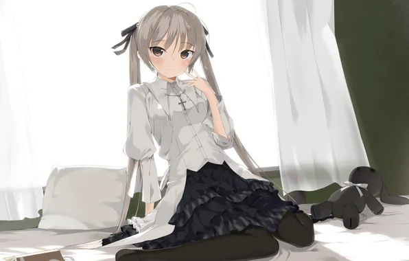 Picture room, toy, bed, window, art, girl, curtains, kasugano sora