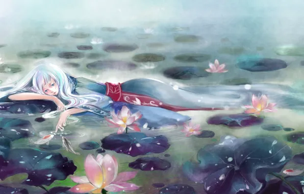 Girl, flowers, fog, lake, anime, art, water lilies, vira