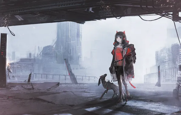 Picture bridge, fiction, dog, girl, the robot dog