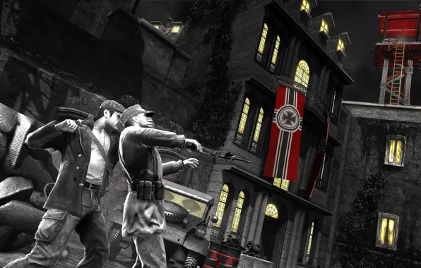 Night, people, building, The game, Germany, flags, murder., The Saboteur