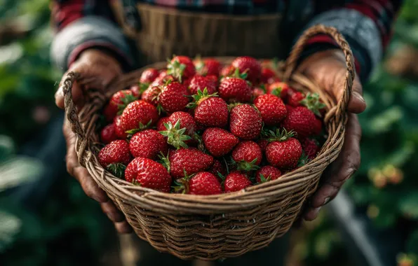 People, hands, harvest, strawberry, basket, a lot, farmer, gardener