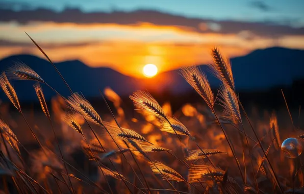 Picture field, sunset, spikelets, ears of rye