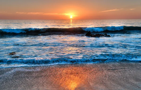 Sand, sea, wave, beach, the sun, light, sunset, shore