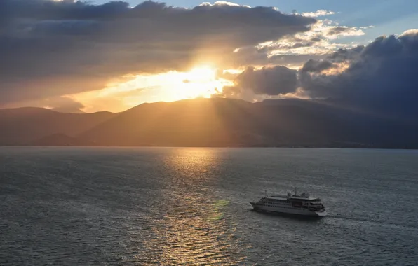 Sea, clouds, sunset, mountains, ship, ship
