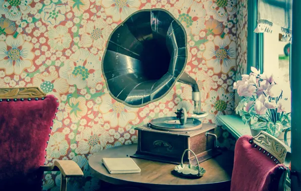 Flowers, retro, table, room, mood, Wallpaper, window, vinyl