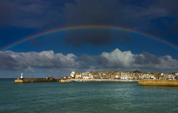 Sea, the sky, clouds, clouds, the city, shore, lighthouse, England