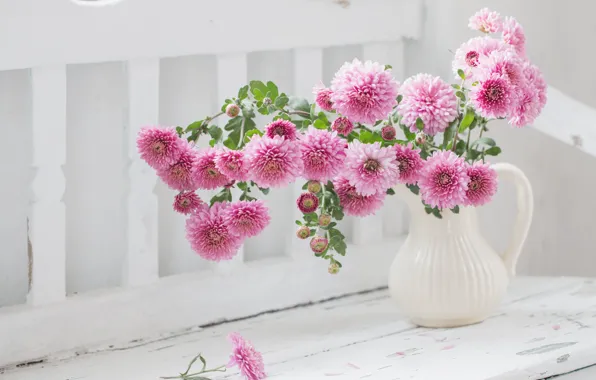 Flowers, bench, bouquet, pink, pitcher, chrysanthemum, Maya Kruchenkova