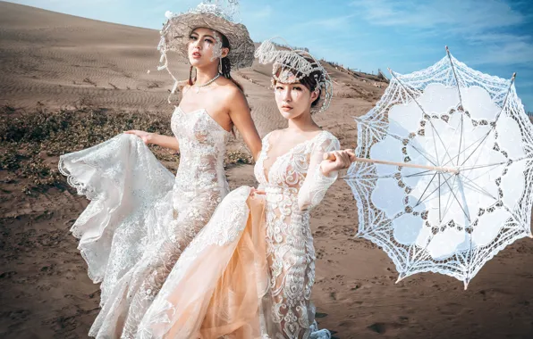 Picture white, look, girl, style, two, hat, umbrella, dress