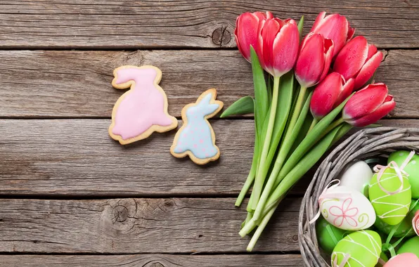 Flowers, eggs, spring, colorful, Easter, tulips, red, happy