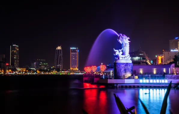 Picture photo, Night, The city, Dragon, Fountains, Vietnam, Da Nang
