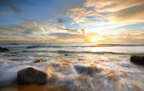 Sand, sea, wave, beach, summer, sunset, stones, summer