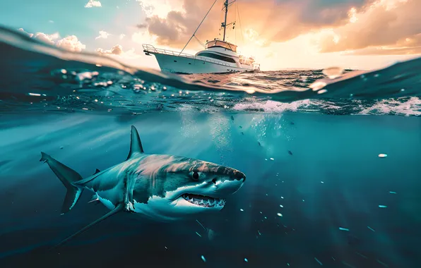 Picture Water, Yacht, Shark, Teeth, Predator, Underwater world, Digital art, AI art