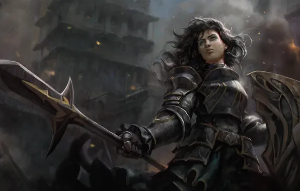 Picture girl, the city, hair, warrior, art, spear, shield, armor