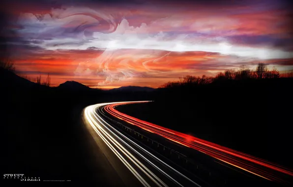 Picture road, Lights, Night, Autobahn