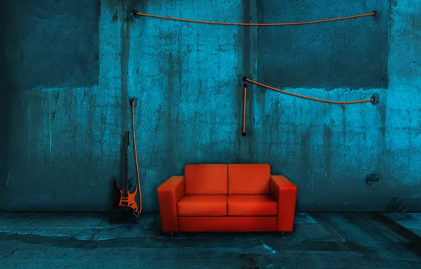 Picture room, sofa, wall, guitar, wire