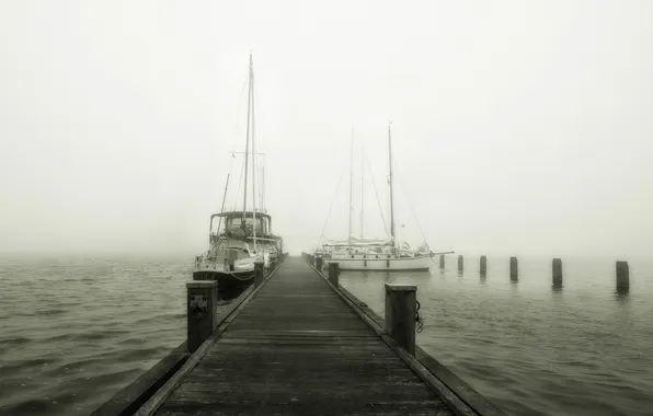 Picture landscape, fog, lake, boats, pier