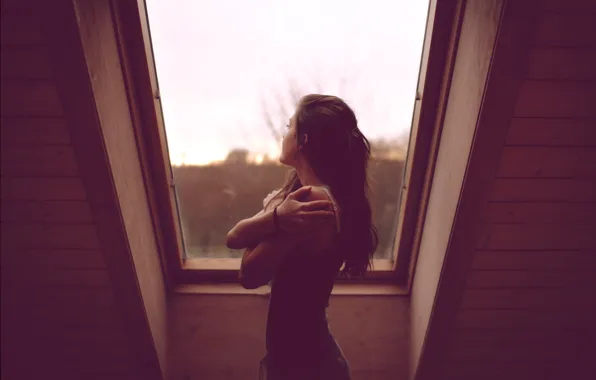 Picture The sky, Girl, House, Window, Brunette, Back