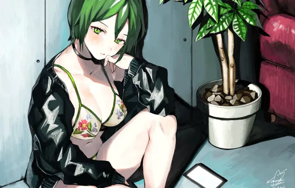 Swimsuit, girl, sitting, green hair