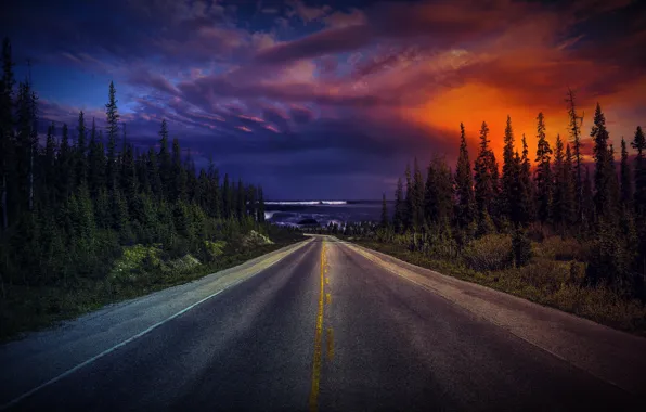Road, forest, the sky, clouds, trees, sunset, nature