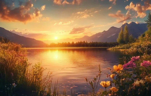 Forest, summer, the sun, clouds, light, landscape, flowers, mountains