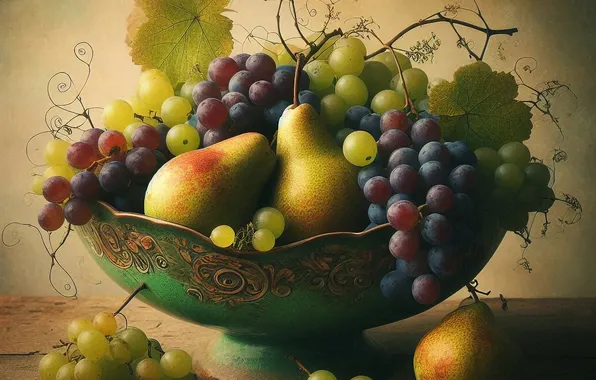 Leaves, table, fruit, grapes, vase, fruit, pear, imitation painting