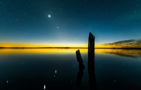 Stars, light, mountains, night, lake, darkness, reflection, blue